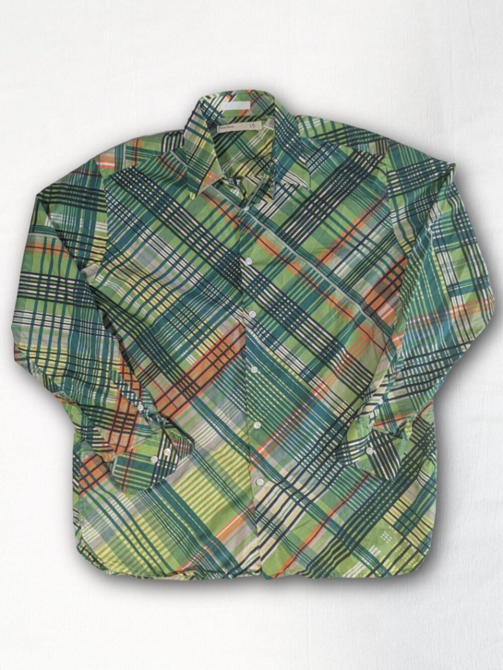 Perry Ellis Men’s Large Long Sleeve Button Up Shirt Green Orange Plaid Cotton
